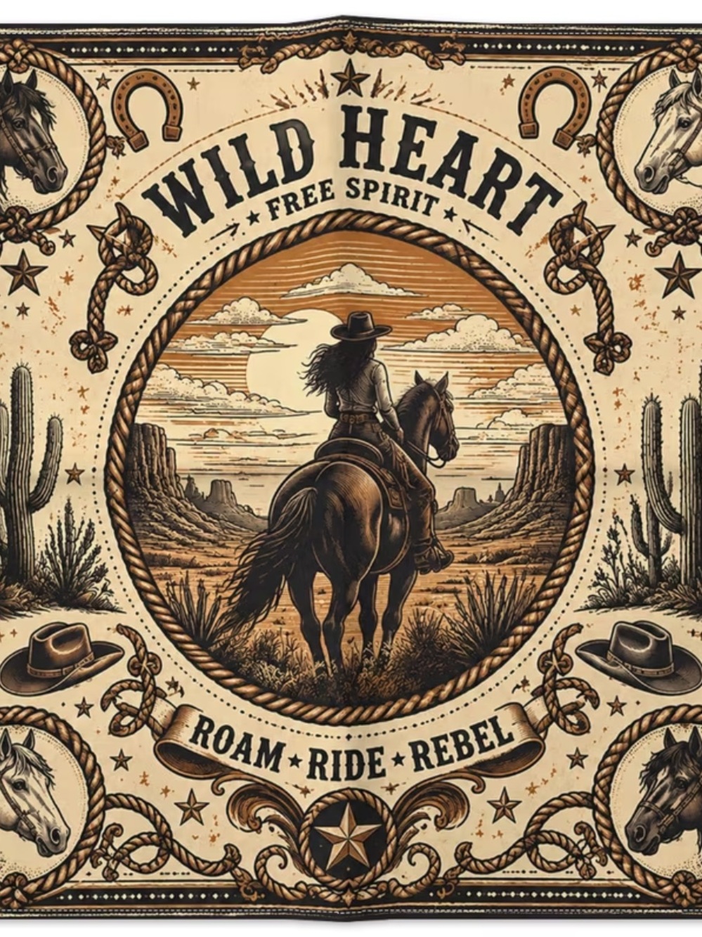 Wild Heart Free Spirit Scarf - Brown & Cream Cowgirl Print 19”